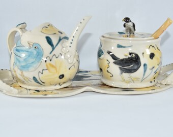 Sugar Creamer Set with Birds: Crows, Bluebird, Woodpecker, Falcon. Lidded Sugar Bowl and Pitcher on Tray in Save the Bees.
