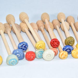 Handmade Wooden Honey Dipper: Colorful Ceramic Knob, Kitchen Utensil