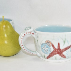 Whale and Star Fish Pottery Cappuccino Cup. Oversized Mug for Soup. image 2