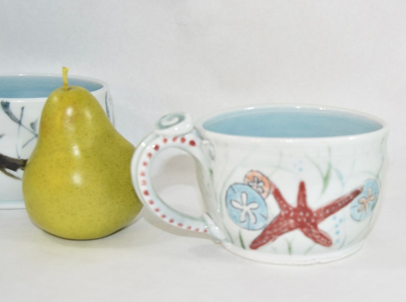 Whale and Star Fish Pottery Cappuccino Cup. Oversized Mug for Soup. image 2