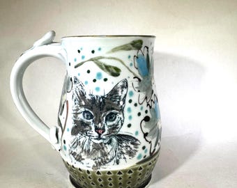 Wheel Thrown and Studio Decorated Mug: Playful Black Cat & Wildflower Design, 26 oz