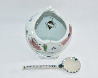 Pottery Salt Pig with Spoon. Save the Bees Salt Cellar. Ceramic Sugar Bowl. Salt Holder. Ceramics and pottery salt dish.