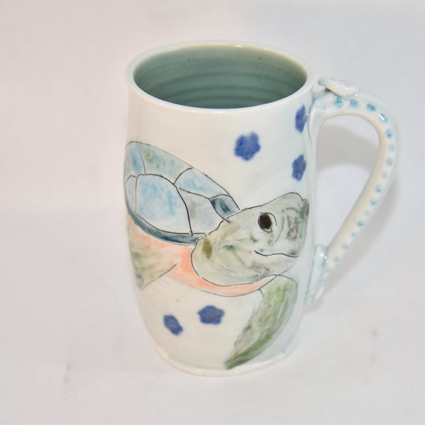 Extra Large Mug. Pottery Cup with Sea Turtle; Holds 16 Ounces. Ceramic Coffee Cup.  Large Tea Cup. Beer mug