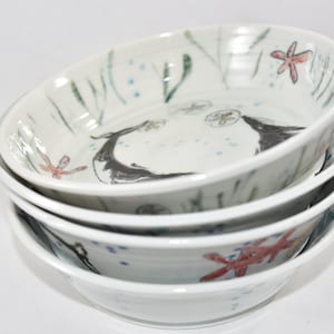 Pasta Bowls with Pacific Coast Sea Animals. Whale. Salmon. Crab. Turtle. Coastal Marine Beach Pottery. Handmade in Oregon. image 1