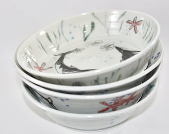 Pasta Bowls with Pacific Coast Sea Animals. Whale. Salmon. Crab. Turtle. Coastal Marine Beach Pottery. Handmade in Oregon.