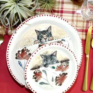 Porcelain Dinner Plate Set | Hand-Built China Dish with Red Flowers and Cats