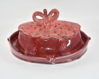 Red Lidded Butter Dish. Porcelain Pottery Butter Keeper. Butter Crock.