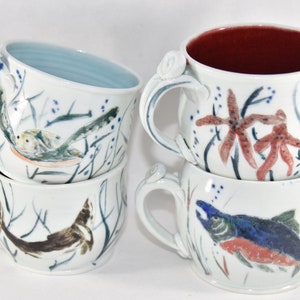 Whale and Star Fish Pottery Cappuccino Cup. Oversized Mug for Soup. image 8