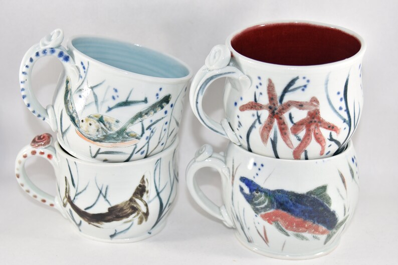 Whale and Star Fish Pottery Cappuccino Cup. Oversized Mug for Soup. image 8