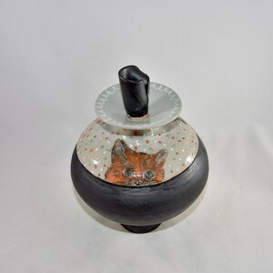 May include: A ceramic jar with a black base and a rounded body. The body is decorated with a cat face and polka dots. The lid has a black handle. The jar is a unique piece of art.