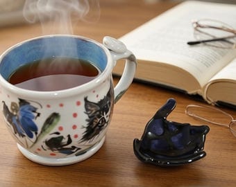 Taza de café y té de porcelana artística hecha a mano / Taza de cerámica con diseño de gato de 355 ml