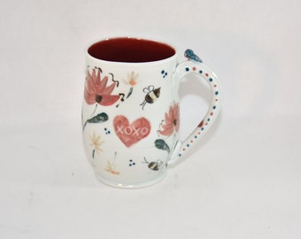 Large Ceramic Coffee Cup with Heart and XOXO Holds 20 Ounces. Pottery Tea cup , Ceramics and Pottery Anniversary Gift