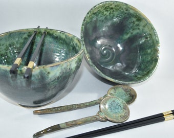 Large Pho Noodle Bowls with Spoons, Ceramic Rice Bowl, Chopstick Bowl Ramen , Lichen pottery and ceramics Thai Vietnamese Hot Pot Bowl
