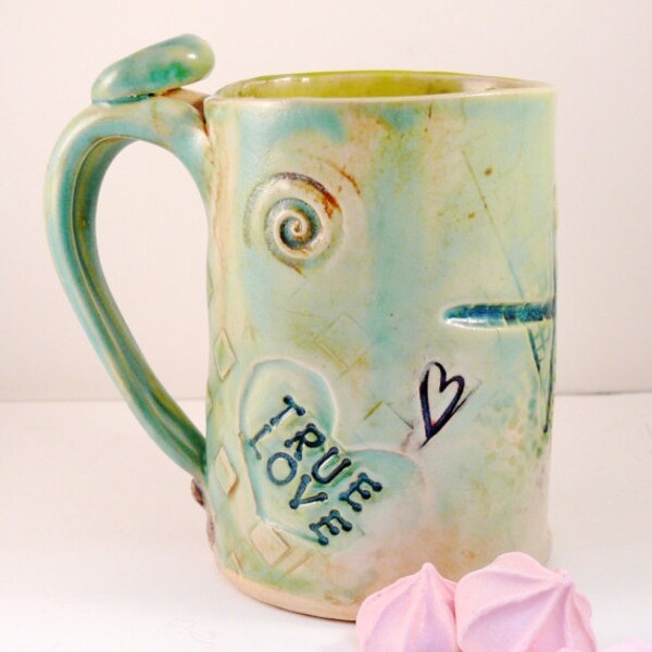 True Love Coffee Cup READY TO SHIP / Pottery Mug / Dragonfly  teacup 16 ounces / for him for her wedding engagement