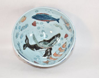 Large Ceramic Serving Bowl with Whale, Sea Turtle and Tropical Fish. Salad bowl. Ceramics and Pottery Anniversary