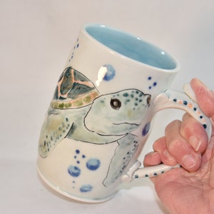 Extra Large 22 Ounce Mug with Sea Turtle - Handmade Pottery