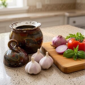 A dark brown glazed ceramic garlic keeper with a scalloped rim and ventilation holes, accompanied by three whole garlic bulbs, a red tomato, a red onion, a sliced red onion, and fresh green basil leaves on a wooden cutting board. Wheel thrown on the pottery wheel of Deb Babcock in her Oregon studio. Food sage glazes were layered in shades of chocolate brown, tan, red and teal.