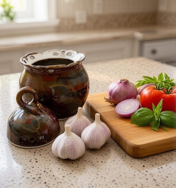 Handmade Ceramic Garlic Keeper | Kitchen Storage Jar Fresh Garlic Bulbs