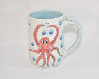 Large Pottery Mug with Red Octopus design. 9th anniversary Gift.