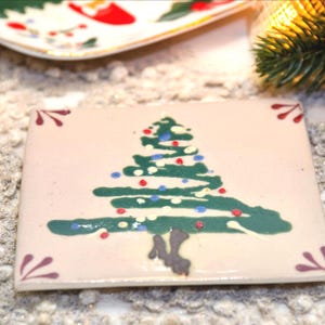 Handmade Holiday Decor Trivet: Stoneware Pottery Hot Pad with Pine Tree