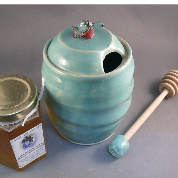Honey Pot with matching honey dipper in robin's egg blue
