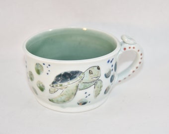 Porcelain soup mug with Sea Turtle and Crab. Latte Mug. Coffee cup. 9th Anniversary Gift