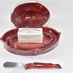 Red Lidded Butter Dish. Porcelain Pottery Butter Keeper. Butter Crock. image 2