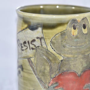 Frog RESIST Mug: Handmade Pottery Coffee Cup with Heart and Protest Sign