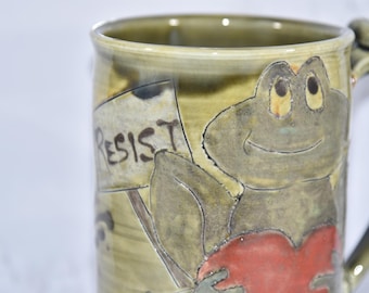 Frog RESIST Mug: Handmade Pottery Coffee Cup with Heart and Protest Sign