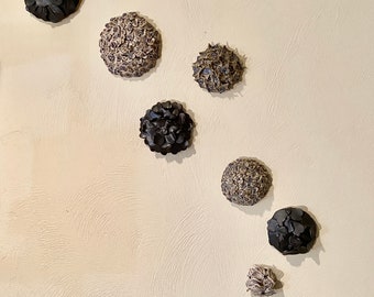 8 Black and Mauve Ceramic Flowers - Wall Display