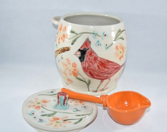 Kitchen Canister Set. Bird Lover Handmade Ceramic Jars for Flour Sugar Coffee Dog Treats