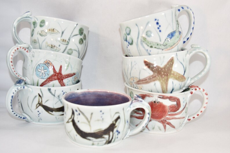 Oversized mug with Crab and Starfish. Large soup mugs. Ceramic latte cups. Handmade Pottery tea cups. Ceramics and pottery image 4