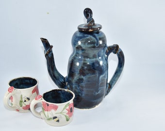 Handmade Ceramic Teapot in Moody Blue. Pottery Tea Set, Tea Pot and Teacups, Pottery Anniversary Gift.