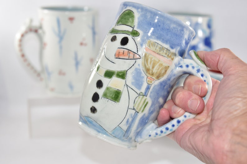 Extra Large Modern Handmade Mug with Snowman. 20 Ounces Handmade Pottery Coffee Cup. Beer Mug. image 4