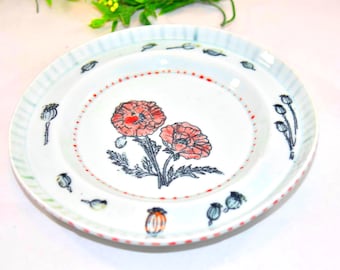 Hand-Painted Poppy Flower Ceramic Dinner Plate | Artisan Pottery Serving Platter