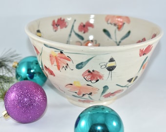 Large Ceramic Serving bowl with Bees. Salad bowl. Fruit Bowl Serving Dish Ceramics and Pottery Anniversary Sister Gift