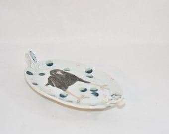 Oval Cheese & Cracker Platter or Plate Handmade Pottery with Blackbird or Crow