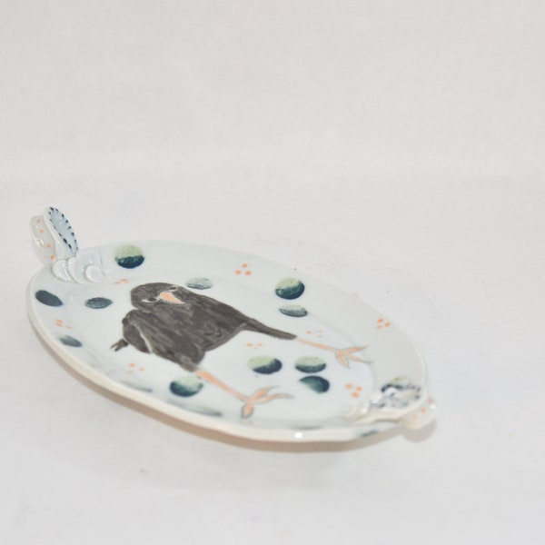 Oval Cheese & Cracker Platter or Plate Handmade Pottery with Blackbird or Crow