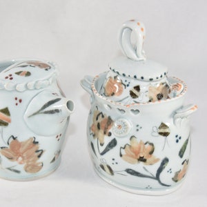 Save the Bees Sugar Bowl and Creamer Set. Pottery Jar Spoon, 9th Anniversary Gift, Creamer Pitcher image 1