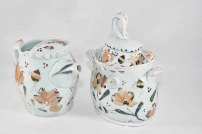 Save the Bees Sugar Bowl and Creamer Set. Pottery Jar Spoon, 9th Anniversary Gift, Creamer Pitcher image 1