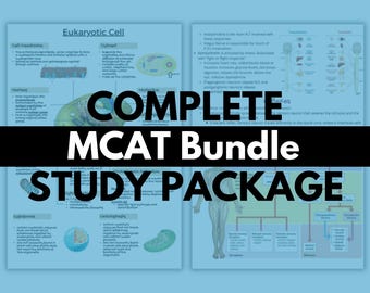 Può includere: Una guida di studio blu e bianca con il testo "COMPLETE MCAT Bundle STUDY PACKAGE" in nero. La guida include diagrammi di una cellula eucariotica, del sistema nervoso e del sistema endocrino.