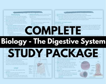 May include: A colorful study guide for biology students focusing on the digestive system. The guide includes illustrations of the organs, diagrams, and text explaining the functions of each part. The title "Complete Study Package" is at the top of the page.