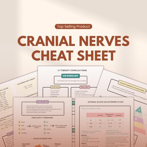 May include: A collection of study guides and cheat sheets for nursing students. The sheets cover topics such as cranial nerves, IV therapy complications, fall prevention, fire safety, and arterial blood gas interpretation. The text is in a clear, easy-to-read format.