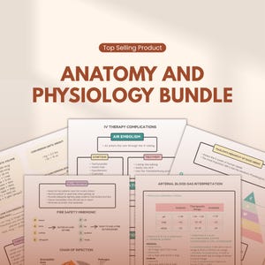May include: A bundle of educational anatomy and physiology study guides. The guides cover topics like IV therapy complications, arterial blood gas interpretation, and fire safety mnemonics. The guides are labeled "Top Selling Product".