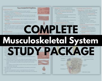 Puede incluir: Una guía de estudio colorida para el sistema musculoesquelético. La guía incluye diagramas de músculo esquelético, músculo liso, músculo cardíaco y estructura ósea. El texto incluye información sobre los diferentes tipos de tejido muscular y las funciones del sistema esquelético. El título de la guía es "Complete Musculoskeletal System Study Package".