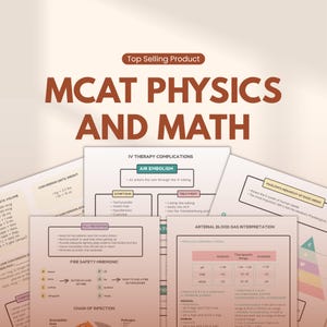May include: A collection of study guides for MCAT Physics and Math, with the text "Top Selling Product" at the top. The guides cover topics like IV therapy complications, fire safety, and arterial blood gas interpretation. The guides are on a light beige background.