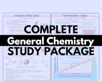 May include: A colourful study guide for general chemistry with the title "Complete General Chemistry Study Package". The guide includes diagrams of atomic structure, the periodic table, and periodic table trends.