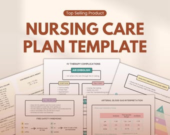 May include: A collection of nursing care plan templates with educational information. The templates cover topics such as IV therapy complications, fall prevention, fire safety, and arterial blood gas interpretation. The title "Nursing Care Plan Template" is displayed prominently.