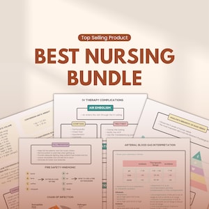 May include: A set of nursing study guides and reference sheets. The bundle includes information on IV therapy complications, arterial blood gas interpretation, and fire safety mnemonics. The text "Best Nursing Bundle" is displayed at the top.