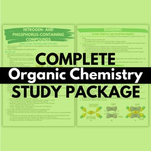 May include: A green and white study guide for organic chemistry. The guide includes information on nitrogen and phosphorus containing compounds, amino acids, peptides, proteins, and bonding. The guide also includes diagrams of atomic orbitals and quantum numbers.